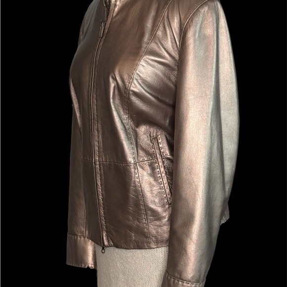 Sigrid Olsen Size L Buttery Soft Lamb Leather Jacket Metalic Champagne Gold Zip - Picture 5 of 11